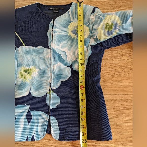 Linda Allard Ellen Tracy Blue Floral Print Zip Front Jacket Size 4 Cotton Silk - Picture 7 of 9